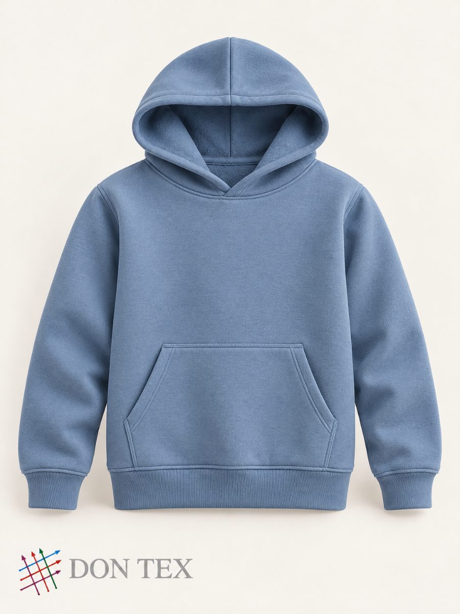 Boys’ fleece hoodie in dusty blue, front view
