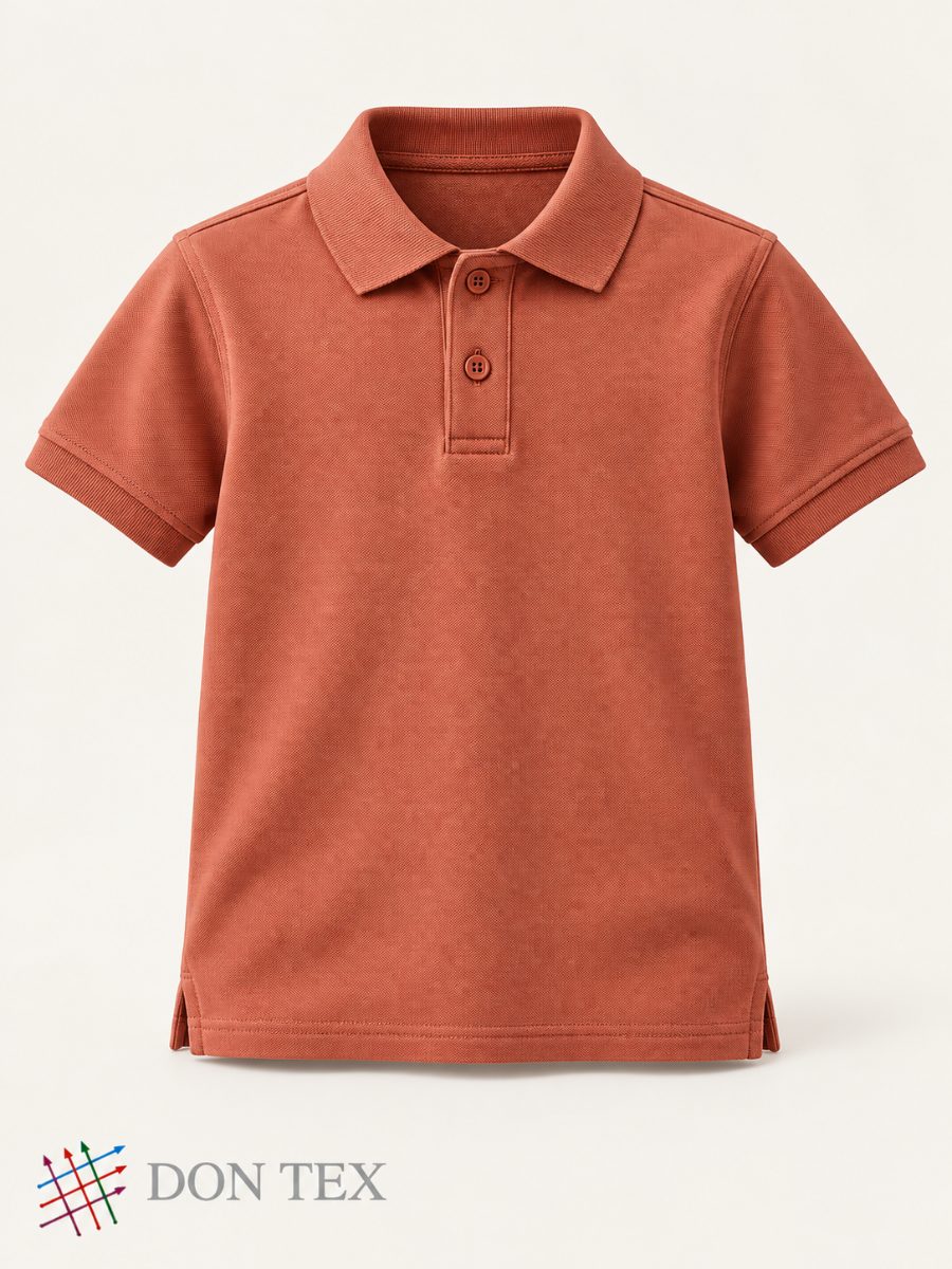 Boys’ knitted piqué polo in terracotta, front view