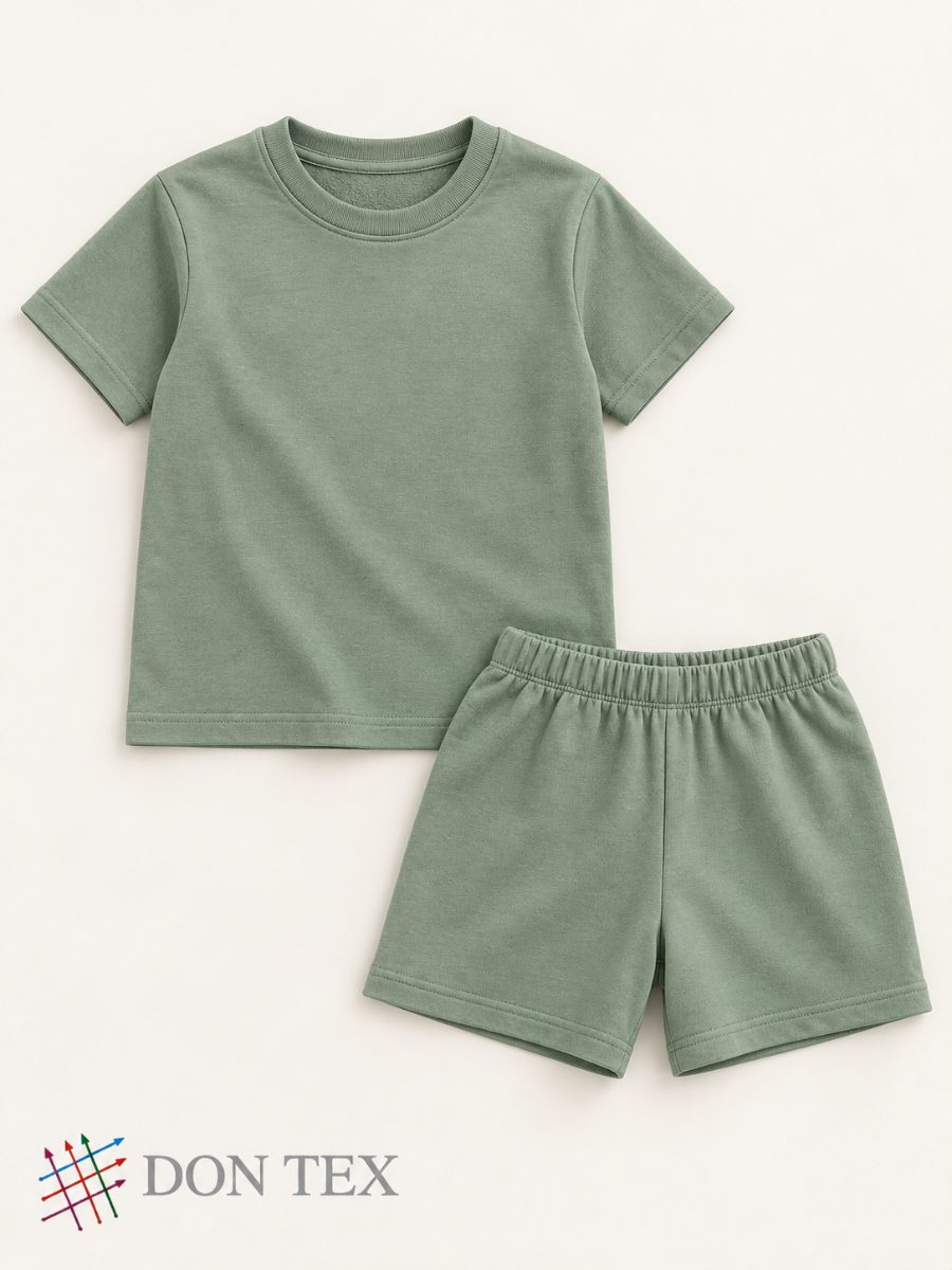 Girls’ knitted T-shirt and shorts set in sage, front view