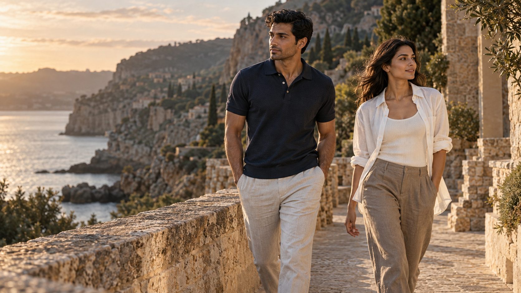A man in a navy knitted polo and linen-look trousers and a woman in an open white woven shirt and pleated trousers walking along a stone coastal path