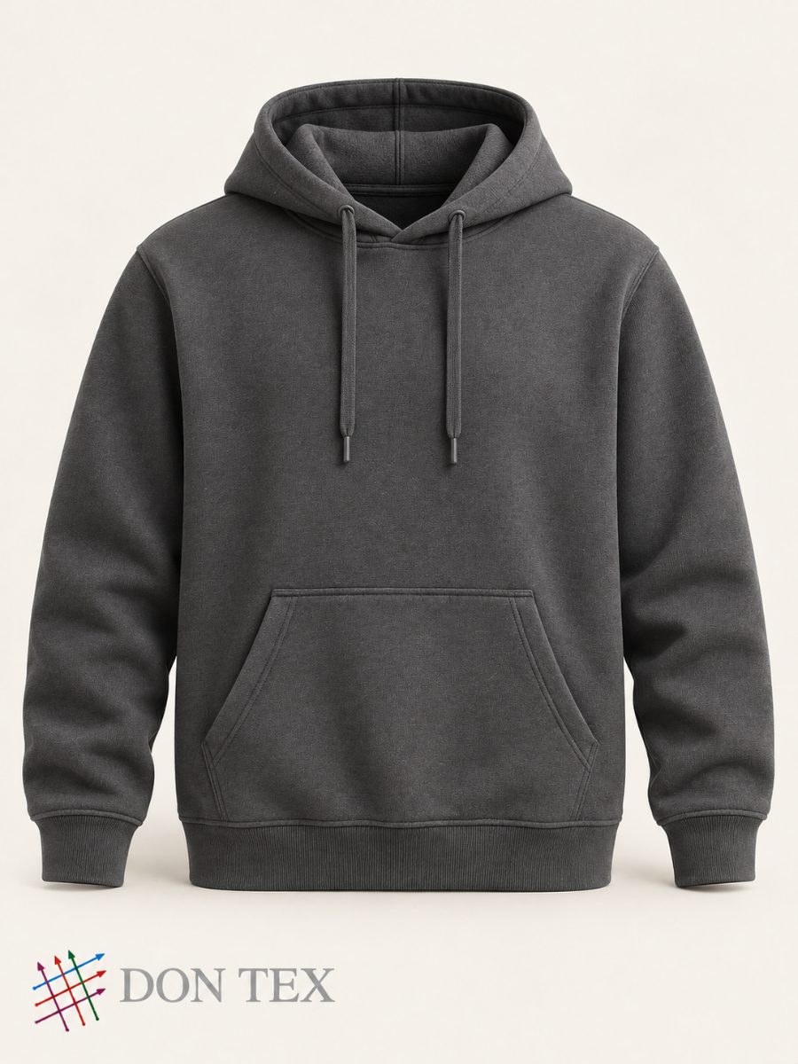 Men’s fleece hoodie in charcoal, front view