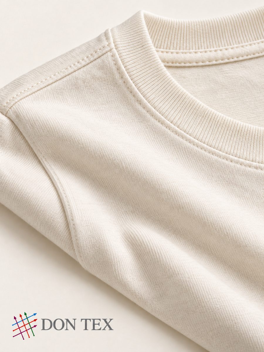 Close-up of the rib neckband and shoulder seam