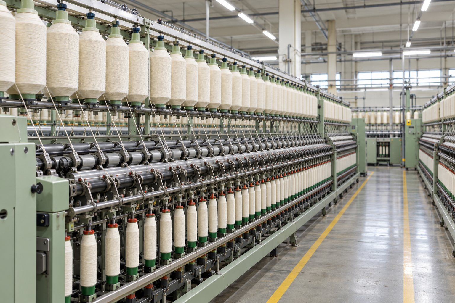 Rows of yarn bobbins on spinning frames in a textile mill