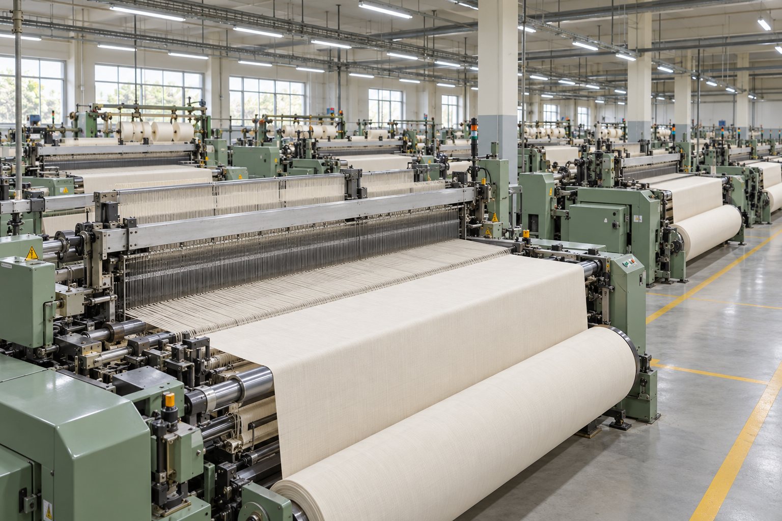 Weaving machines producing cream woven fabric in a textile mill