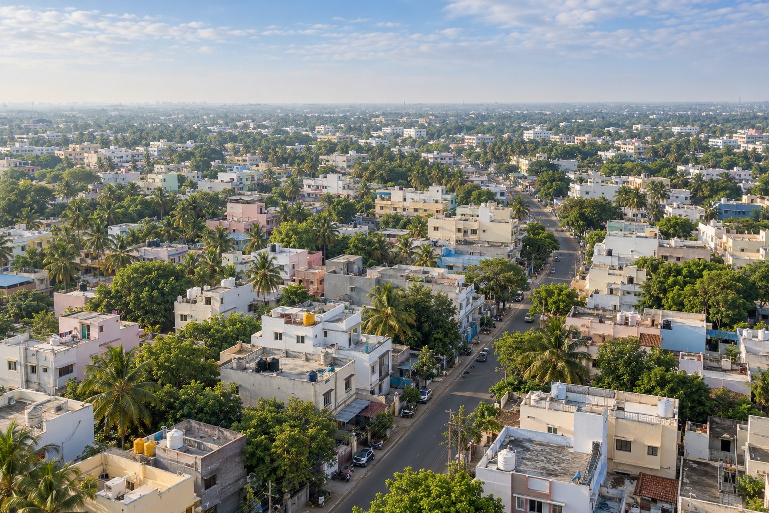 Morning aerial view of low-rise neighbourhoods and palm trees in the Tiruppur region