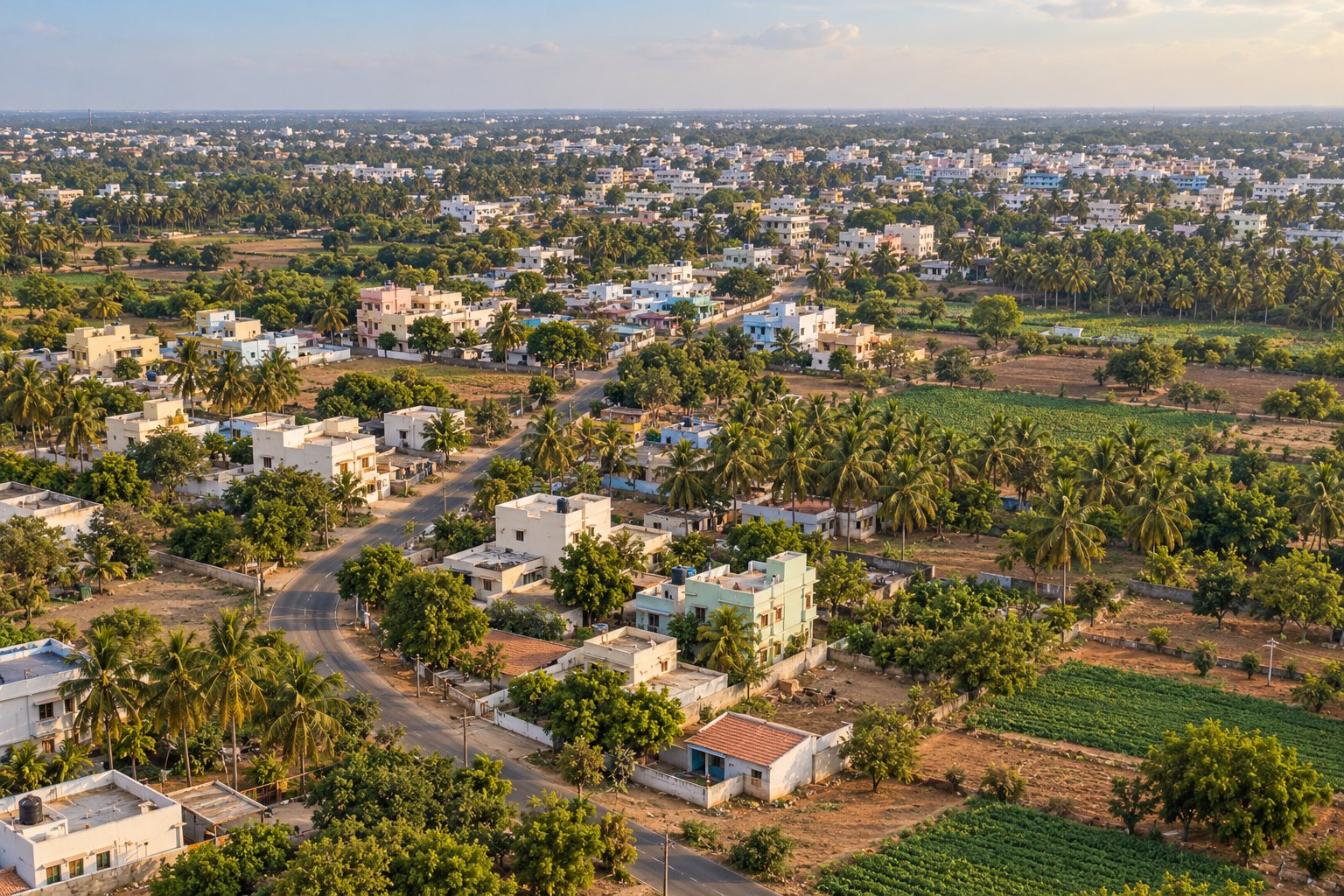 Aerial view of the outskirts of the Tiruppur region, with farmland, palm trees, and scattered houses