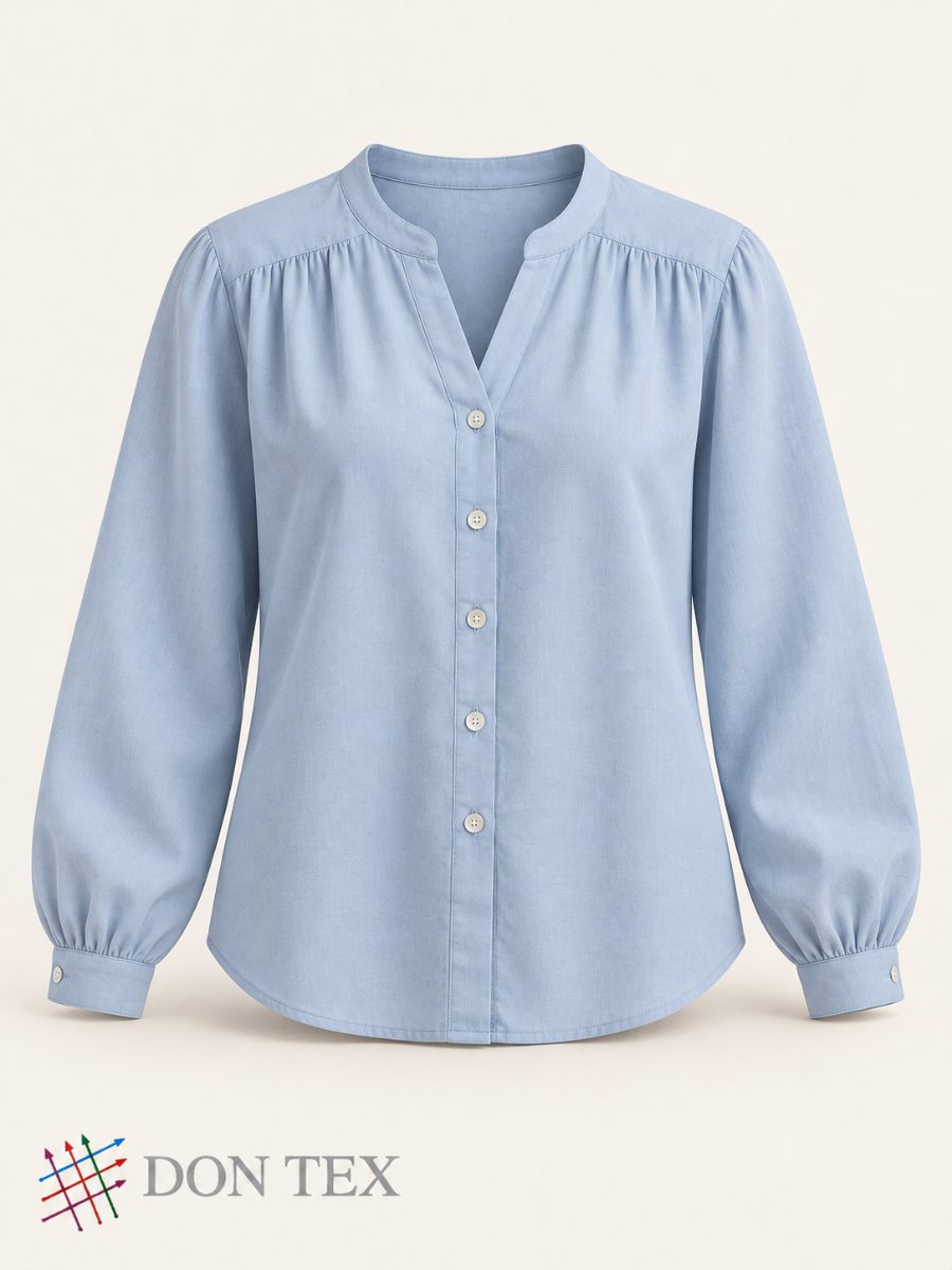 Women’s woven blouse in powder blue, front view