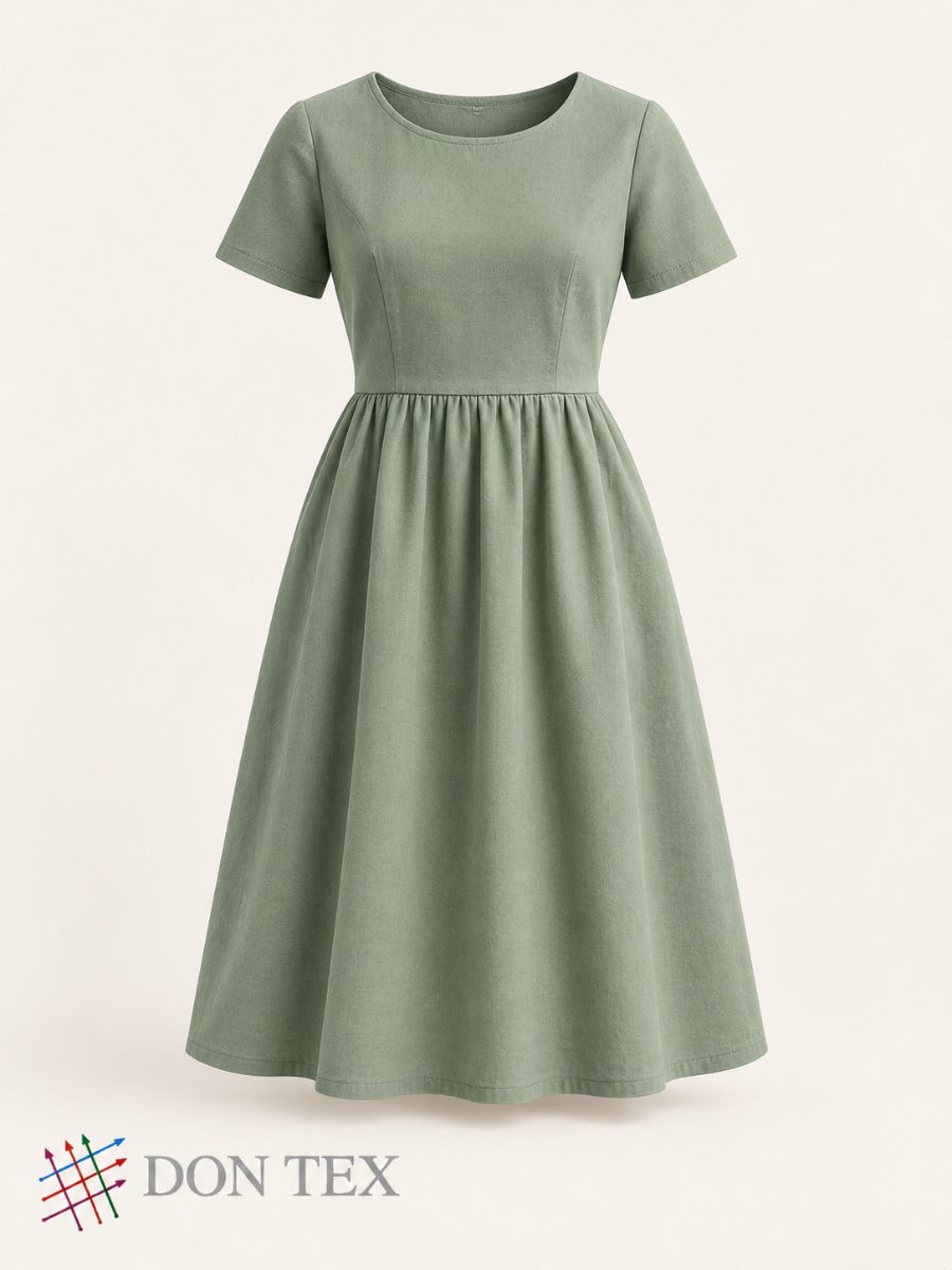 Women’s woven midi dress in sage, front view