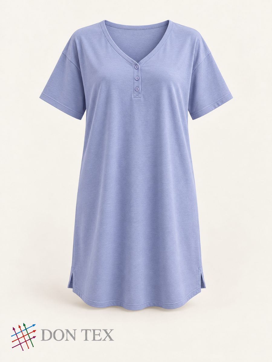 Women’s knitted henley sleep shirt in lavender blue, front view