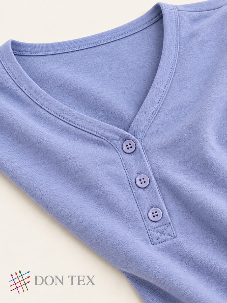 V-neck binding and three-button henley placket