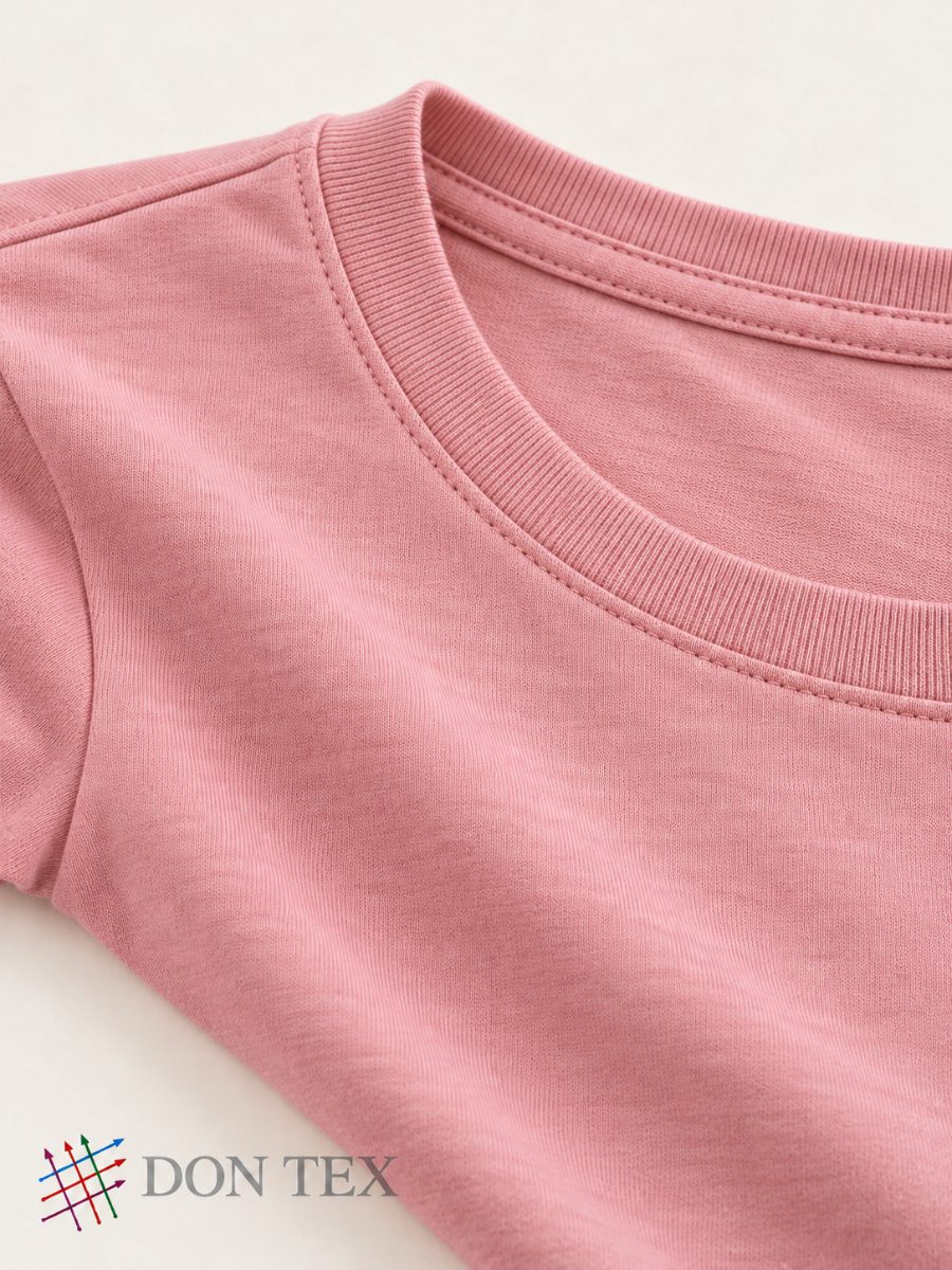 Rib neckband and coverstitch on blush jersey